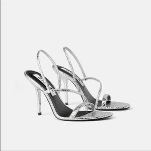 Zara Metallic Animal Print Heeled Sandals Silver